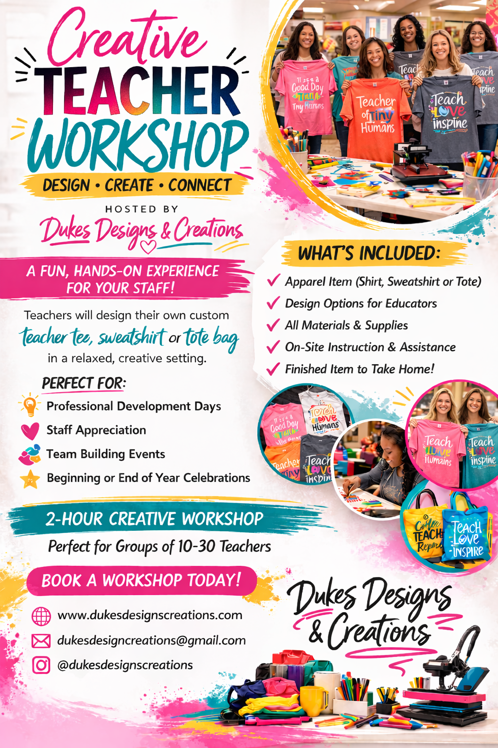 Promotional flyer for a Creative Teacher Workshop with colorful text and images of teachers and products.