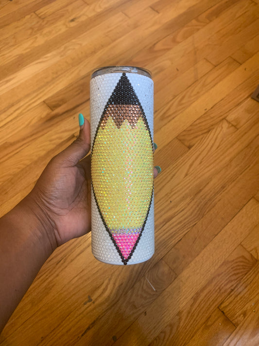 RTS: Ready to Ship Teacher Split Pencil Stainless Steel Fully Blinged 20oz Tumbler